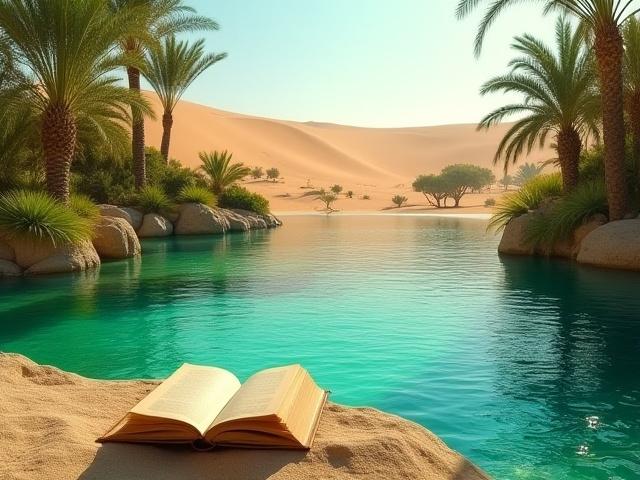 Eine üppige, grüne Oase in einer trockenen Wüste, mit einem alten, weisen Buch, das in der Mitte ruht.