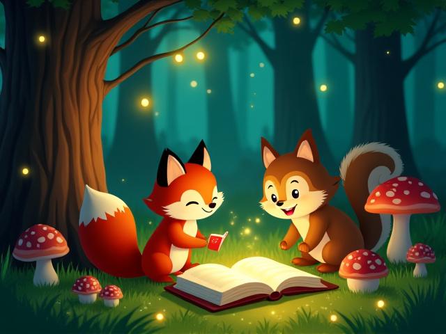 Cartoon-ähnlicher, magischer Wald mit sprechenden Tieren und versteckten Lichtern, für Kinder.